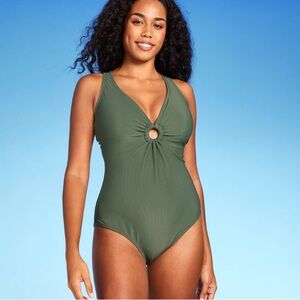 New! Women's Ribbed Plunge Ring Detail One Piece Swimsuit - Dark Green Size L